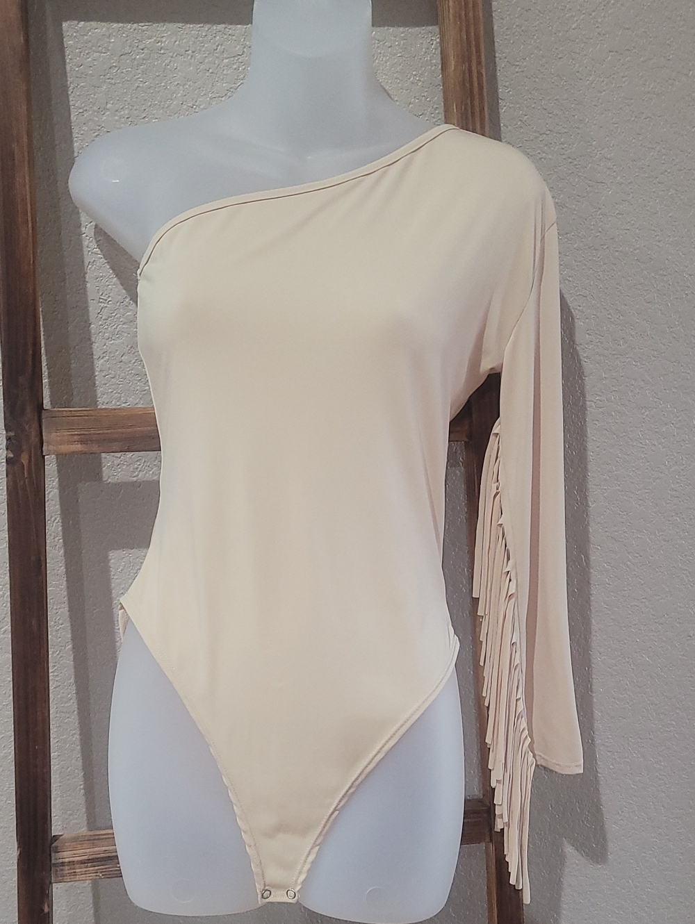 Lucky & Blessed One-Shoulder Fringe Bodysuit — Cream
